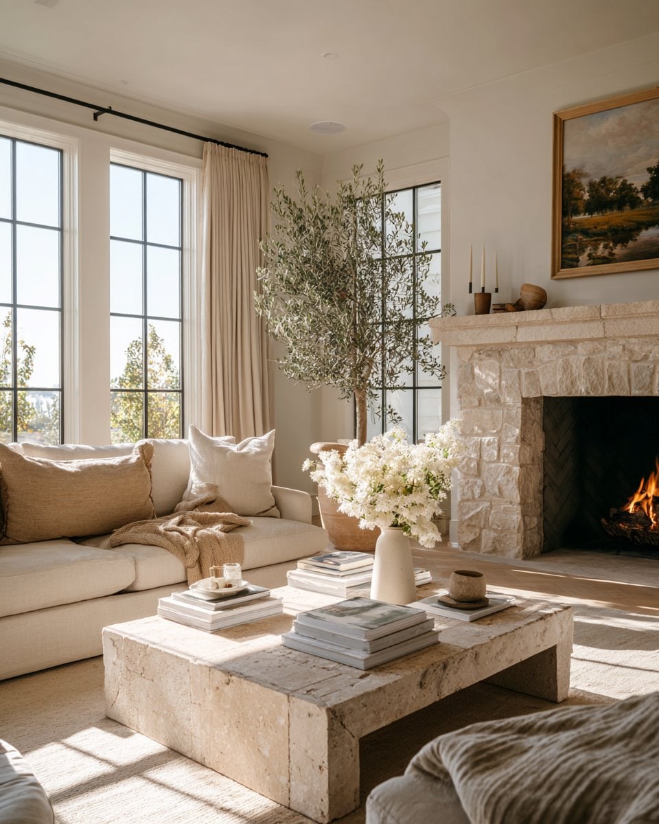 Sun-filled living room with a cream linen sofa, a travertine coffee table, an olive tree, and a natural stone fireplace beneath a framed landscape painting.